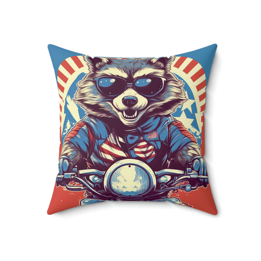 Raccoon Motorcycle Bike Rider Furry Animal Graphic Spun Polyester Square Pillow