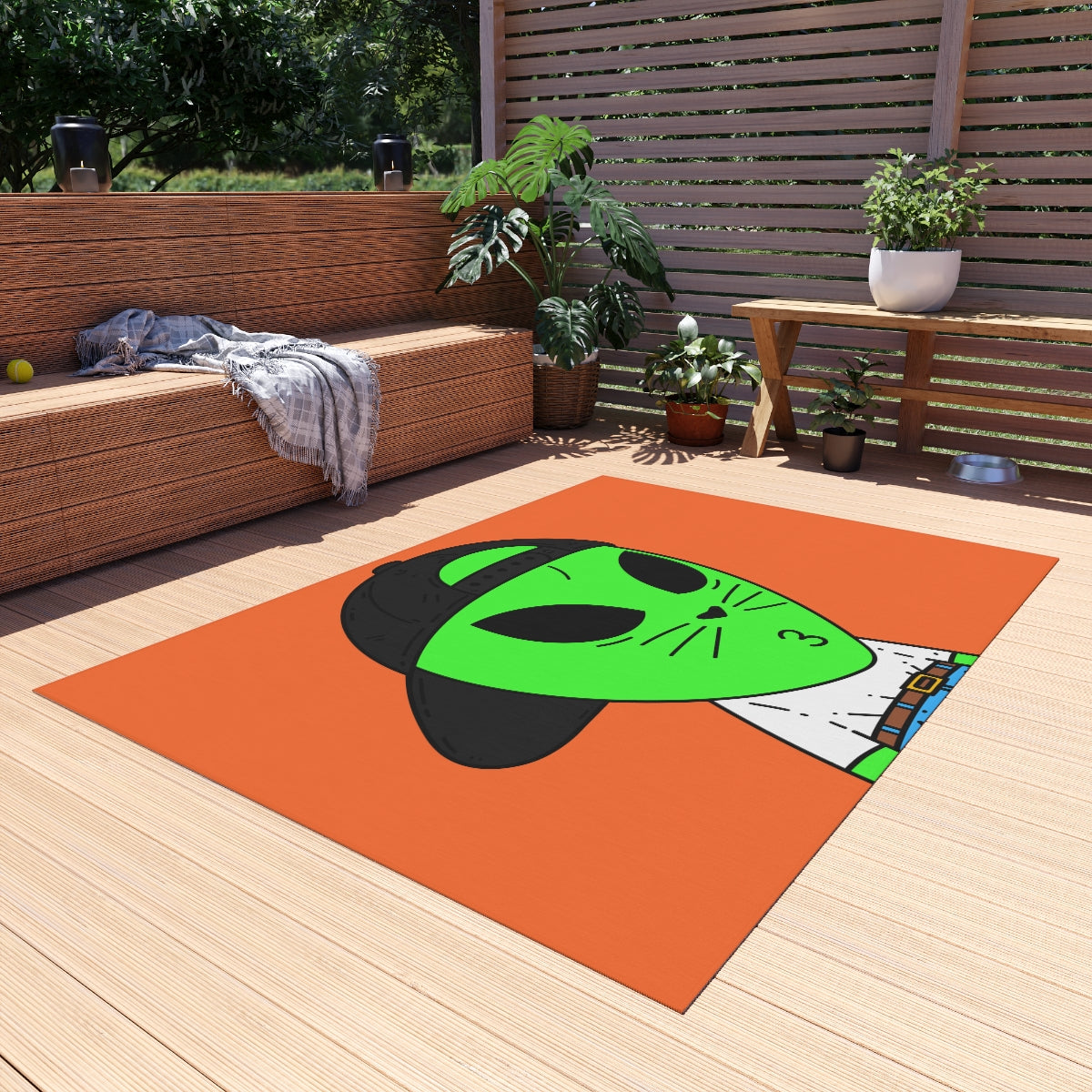 Cat Whiskers Visitor Green Alien Heart Nose Black Cap Outdoor Rug