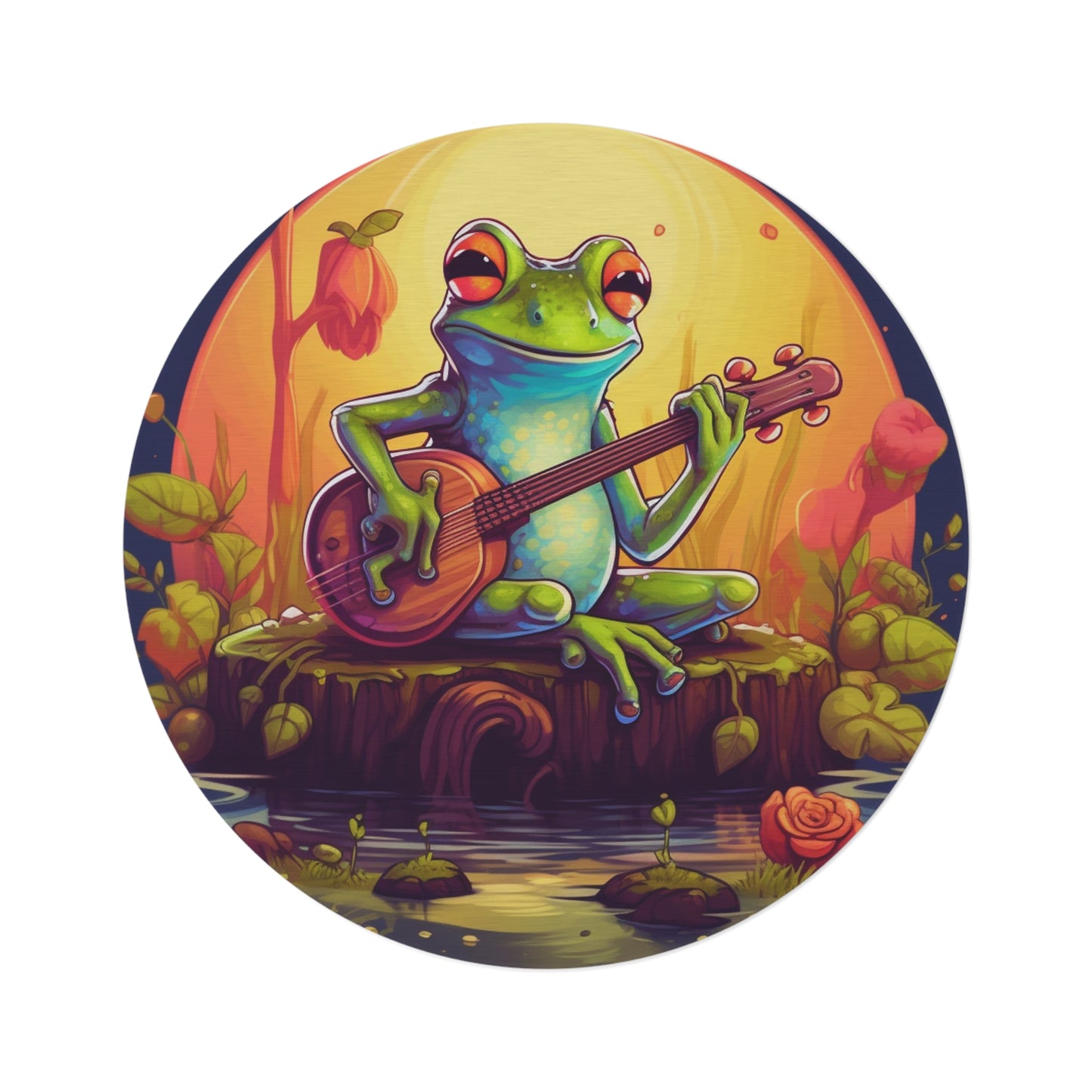 Log Frog Playing Instrument Tune Music Outdoor Swamp Graphic Round Rug