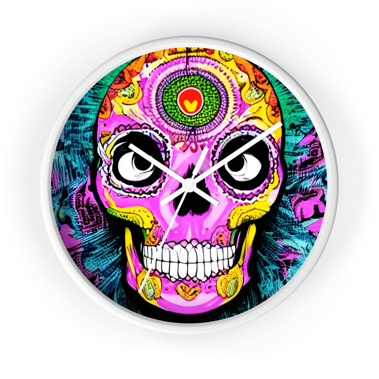 Trippy psychedelic Skull Skeleton Head Face Wall clock