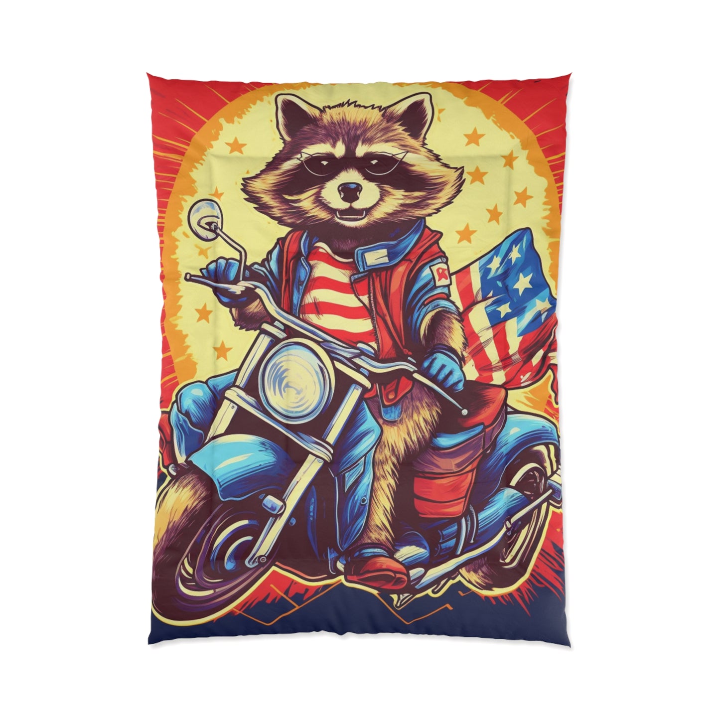 Red White and Blue American Raccoon Biker Motorcyclist Graphic Comforter