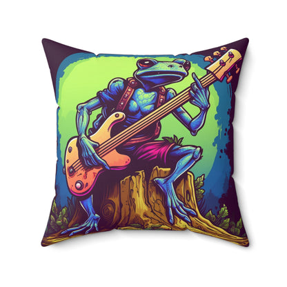 Frog Log Retro Graphic Trippy Musician Instrument Guitar Player Spun Polyester Square Pillow