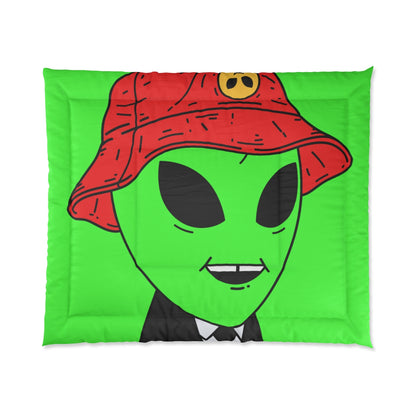 Extra Green Alien Black Suit Business Visitor Red Visi Hat Chipped Tooth Smile Bed Comforter