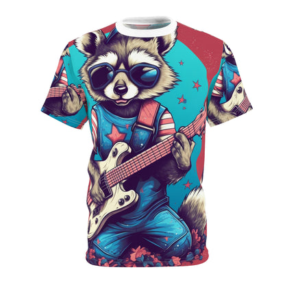 Patriotic Rock 'n' Roll Raccoon: Furry Guitar Player Unisex Cut & Sew Tee (AOP)