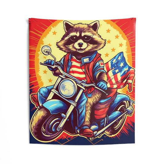 Red White and Blue American Raccoon Biker Motorcyclist Graphic Indoor Wall Tapestries