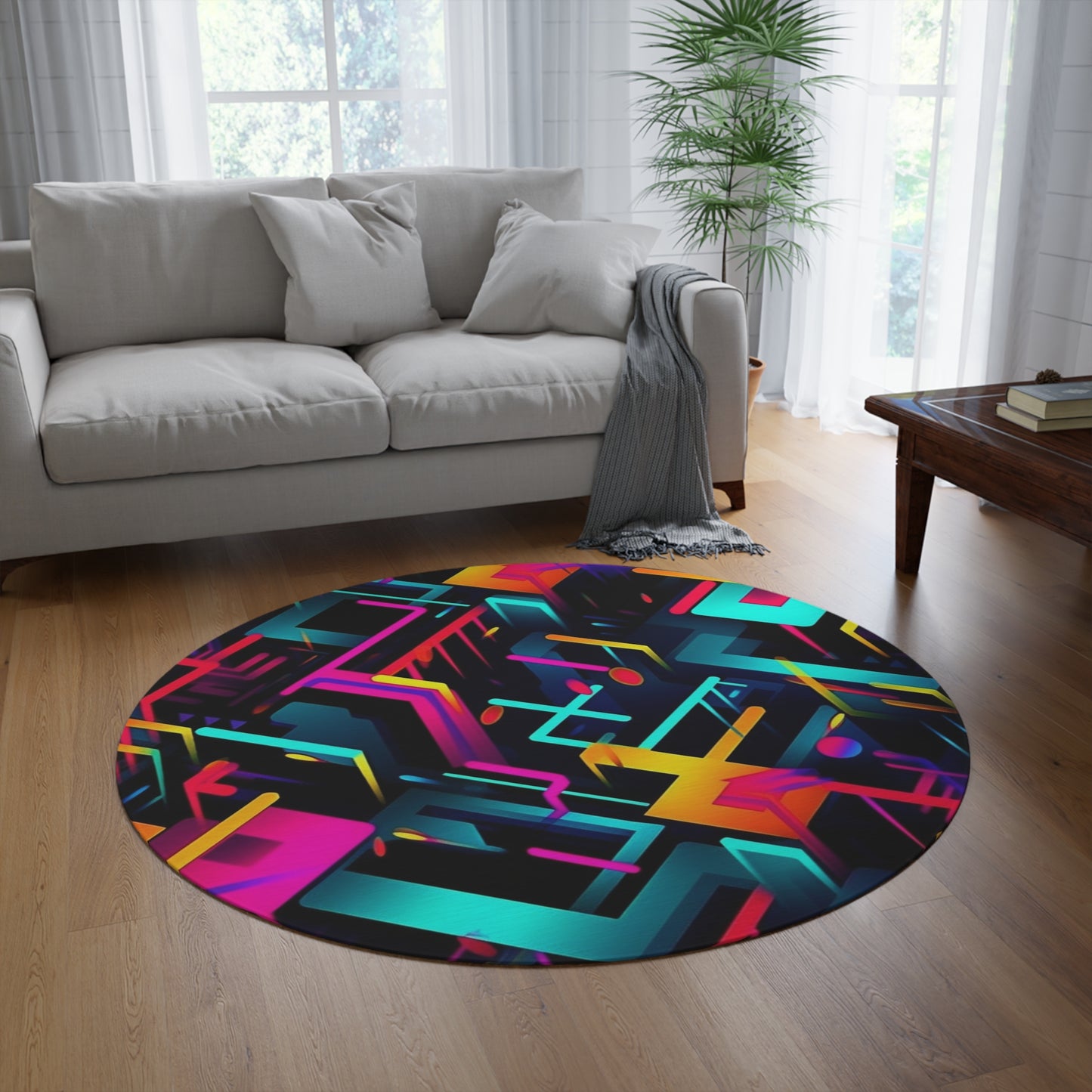 Vibrant Trendy Neon Abstract Geometric Pattern Design Round Rug