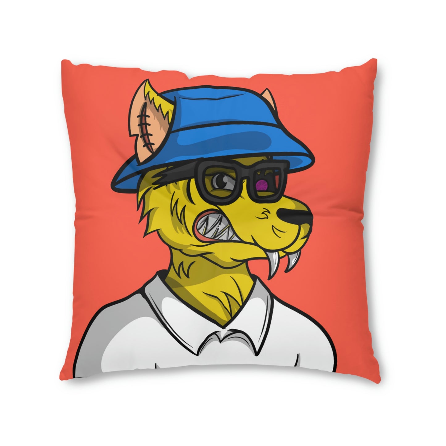 Yellow Wolf Wolve Cyborg Tufted Floor Pillow, Square