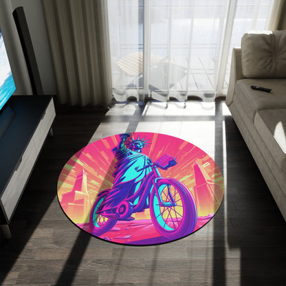 Statue of Liberty USA Bike Rider Graphic Round Rug