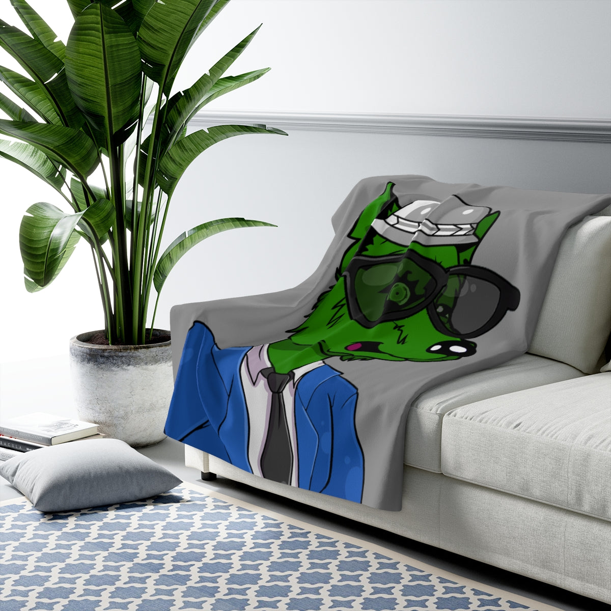 Cyborg Wolf Blue Suit Black Tie Green Wolve Fur Black Shades grey Fedora Sherpa Fleece Blanket