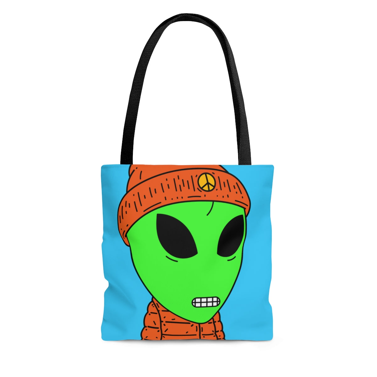 Chaqueta hinchada naranja Dientes digitales Sombrero de paz Visitante Alien AOP Bolsa de tela 