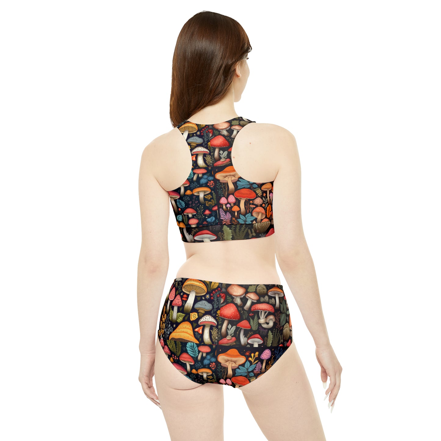 Fairy-Tale Fungi: Whimsical Assorted Mushroom Pattern Design Sporty Bikini Set (AOP)