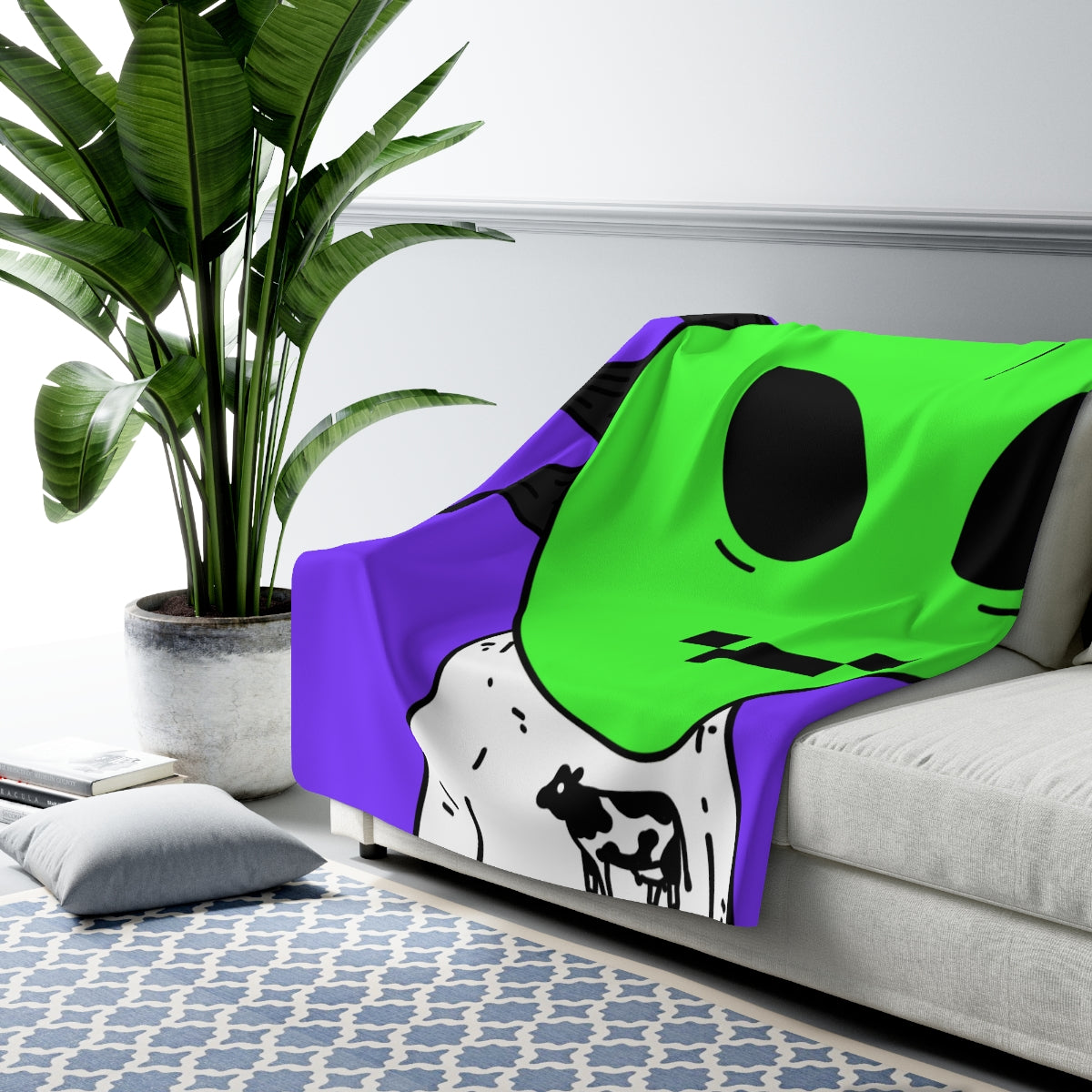 Cow Green Alien Spike Black Hair Digital Smile Visitor Sherpa Fleece Blanket