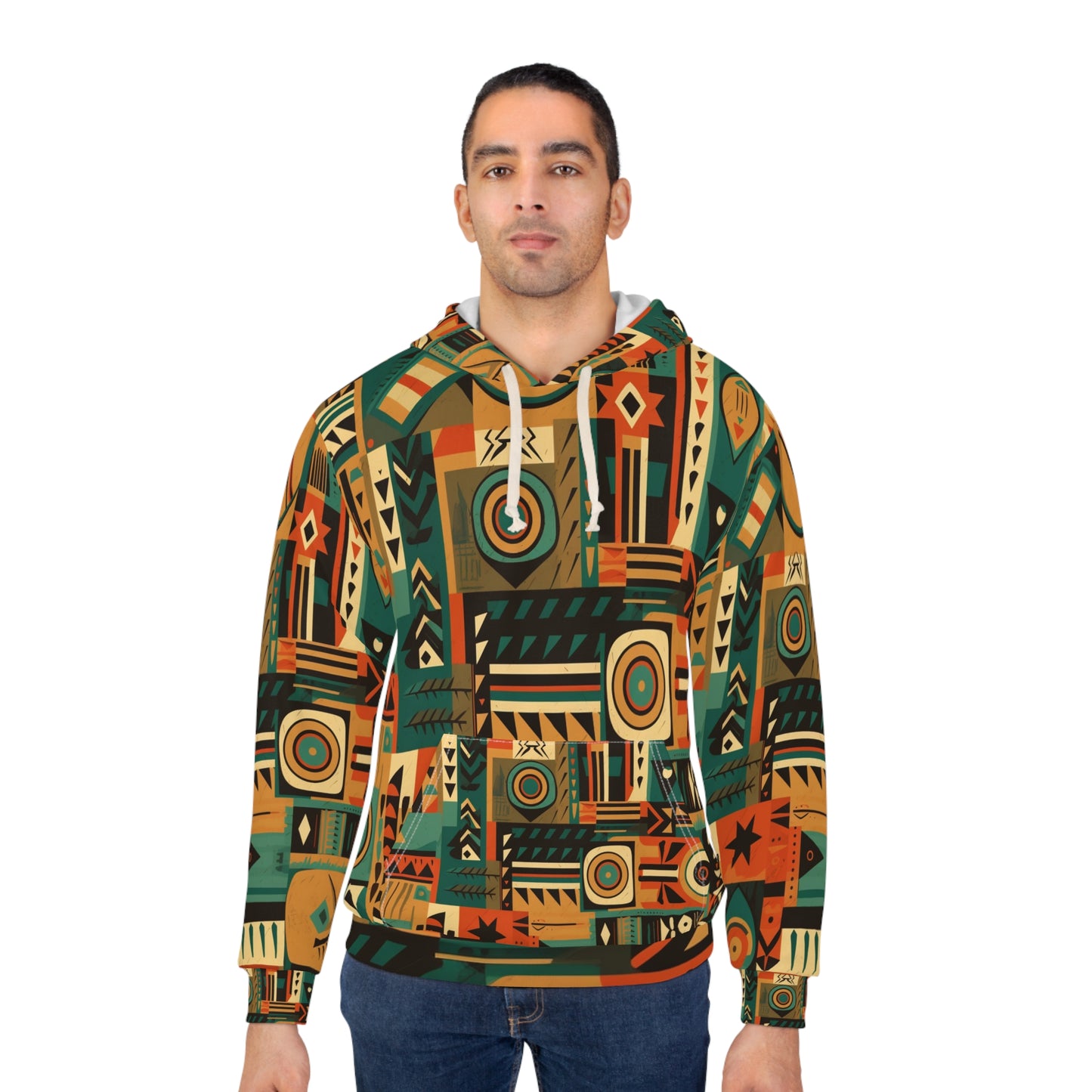 Sudadera con capucha unisex con diseño de patrón geométrico de inspiración tribal en tonos terrosos (AOP)