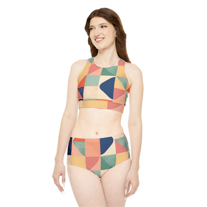 Geometric Shapes Minimalist Sporty Bikini Set - Pastel Decor (AOP)