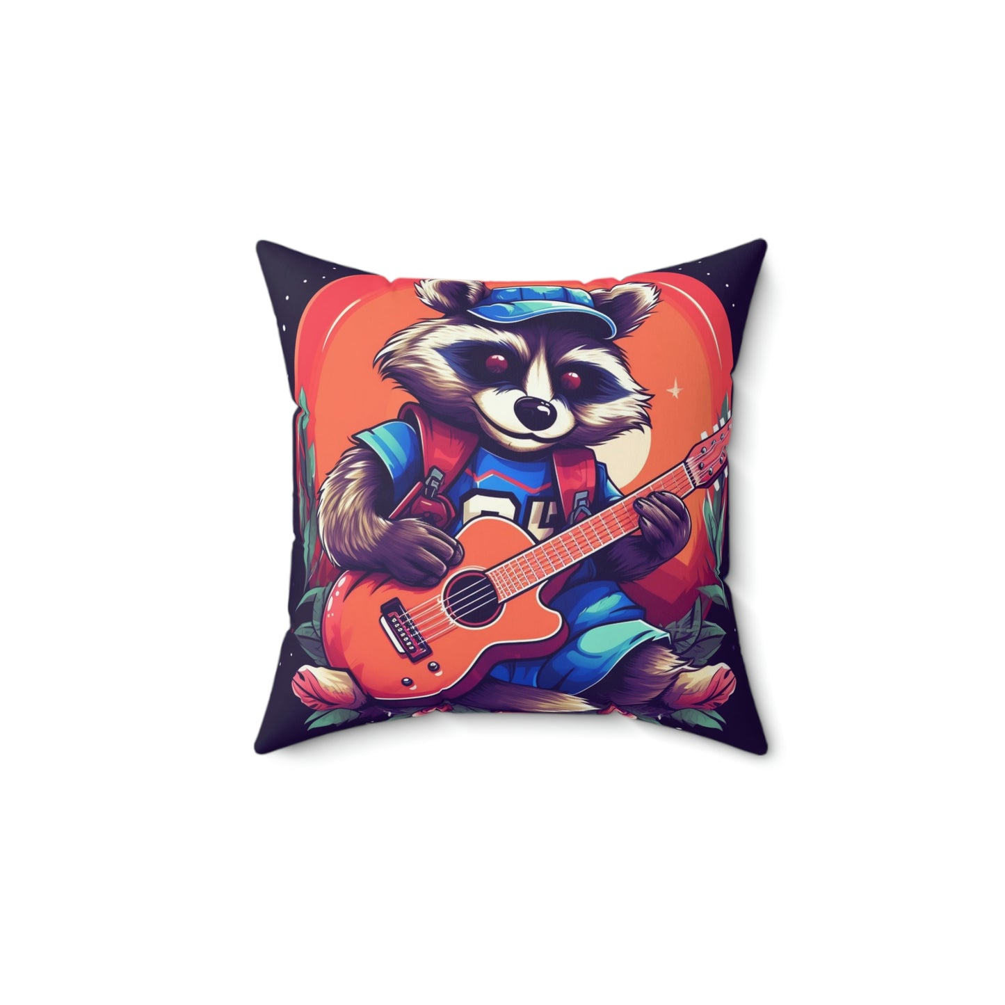 Mapache de guitarra acústica - Almohada cuadrada de poliéster hilado con decoración de músico animal peludo 