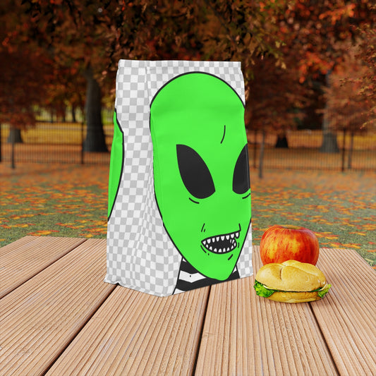 Green Alien Sharp Teeth Mouth Striped Black White Shirt Visitor Polyester Lunch Bag