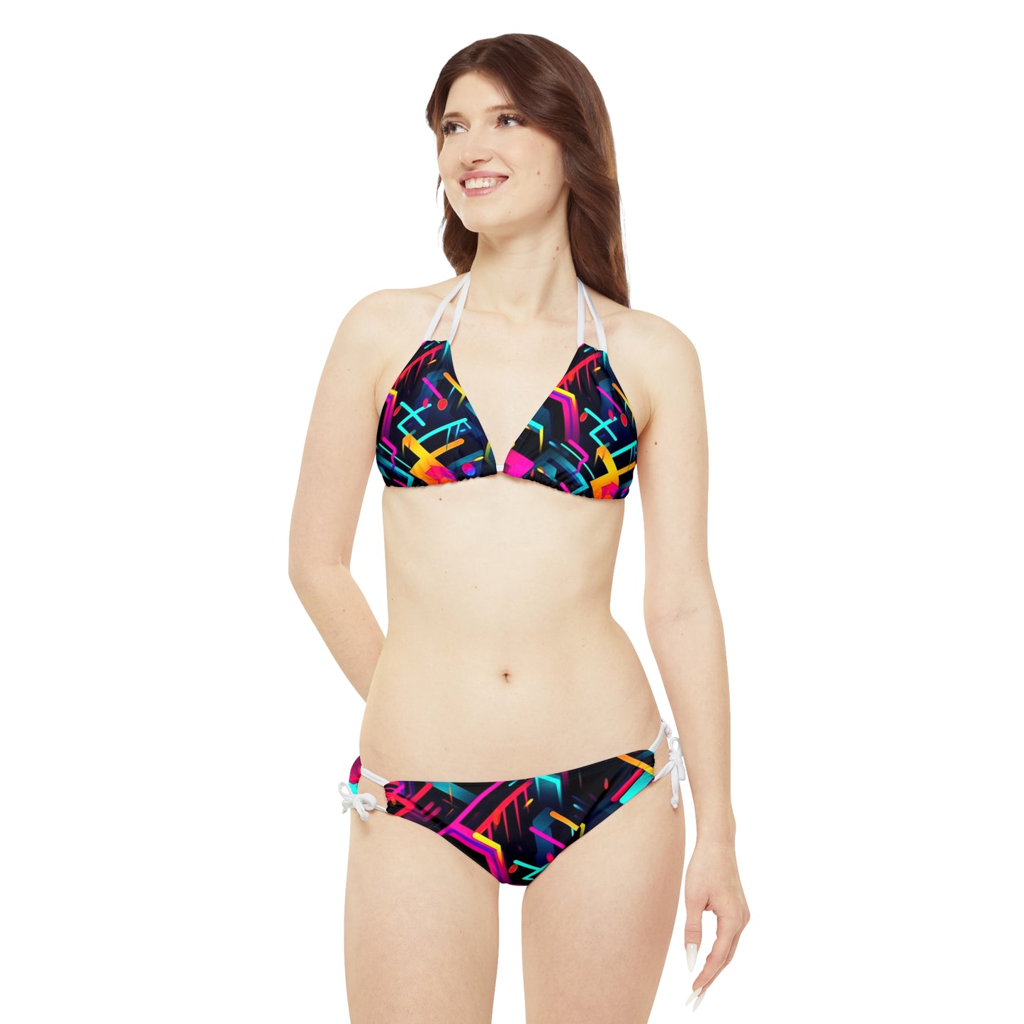 Vibrant Trendy Neon Abstract Geometric Pattern Design Strappy Bikini Set (AOP)