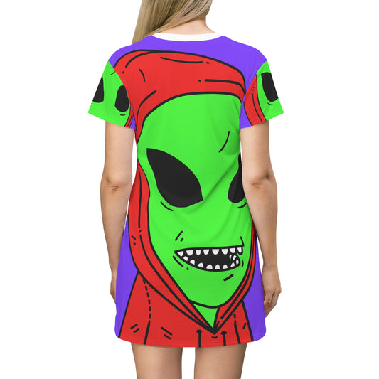 Vestido camiseta rojo con capucha y color verde visitante Big Bite Teeth AOP Vestido camiseta con estampado integral 