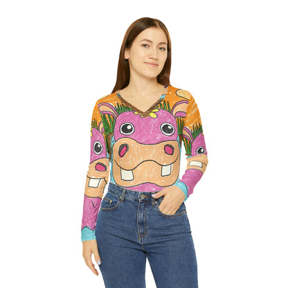 Hippo Hippopotamus Animal Creature Graphic Camisa de manga larga con cuello en V para mujer 