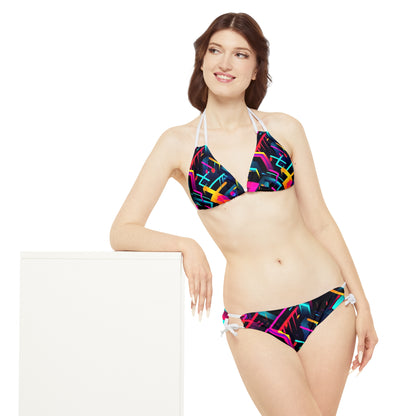 Vibrant Trendy Neon Abstract Geometric Pattern Design Strappy Bikini Set (AOP)