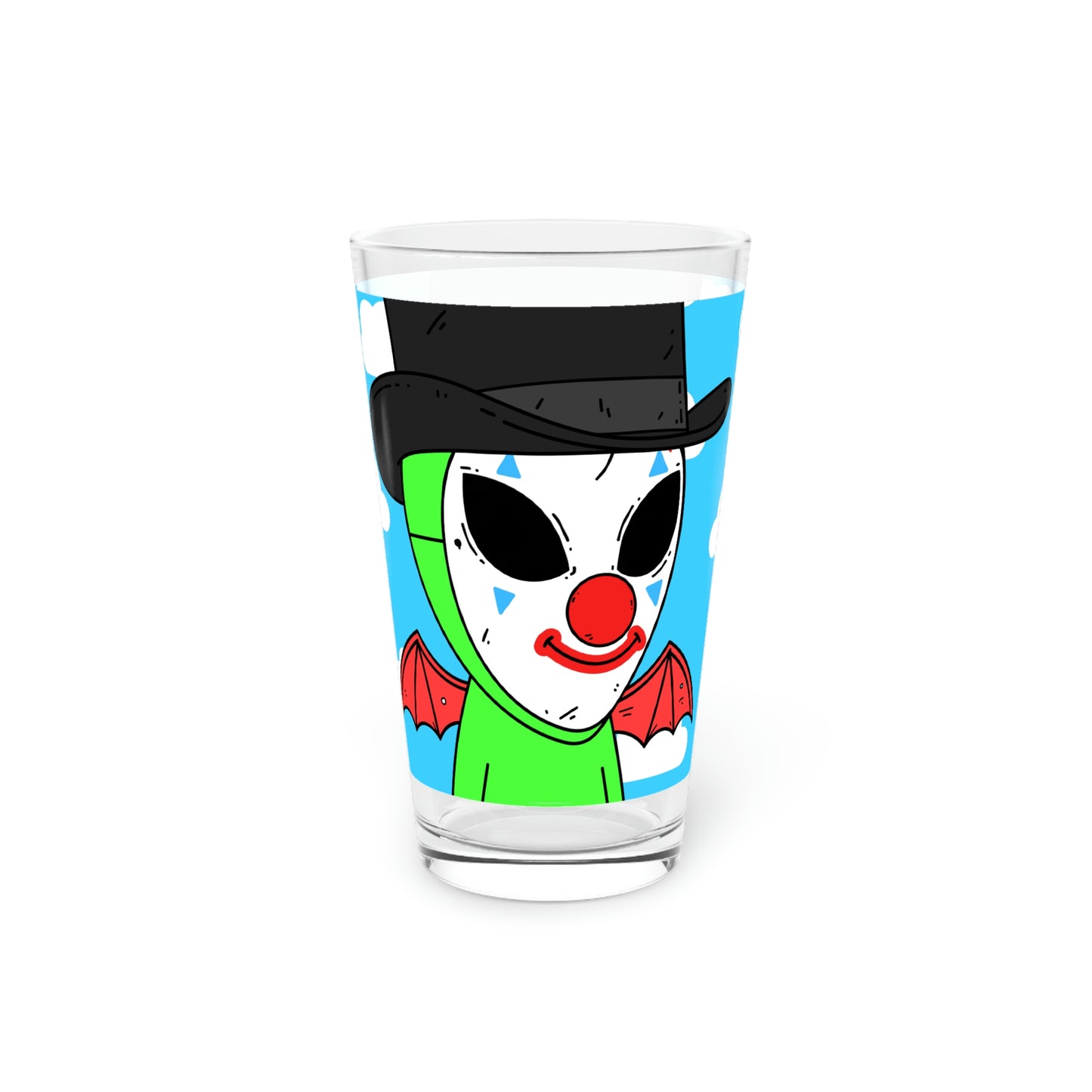 Clown Visitor Green Alien w/ Devil Wings Pint Glass, 16oz