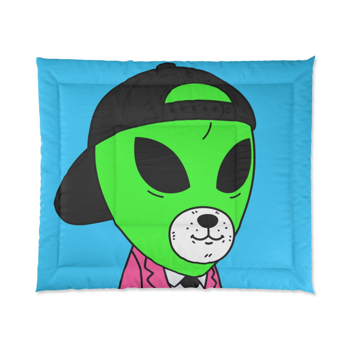 White Bear Dog Face Pink Suit Green Alien Visitor Black Cap Bed Comforter