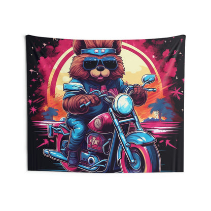 Tapices de pared para interiores con gráfico de aventura de jinete de oso de motocicleta 