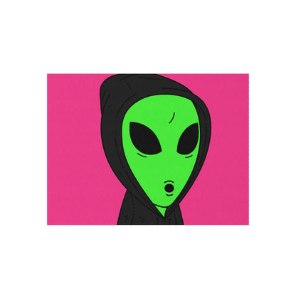 The Visitor Green Alien Black Hoodie Pink Background Outdoor Rug