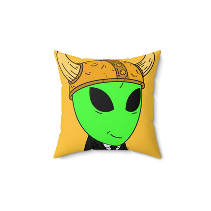 Green Smirk Face Alien Viking Helmet Black Business Suit Visitor Spun Polyester Square Pillow