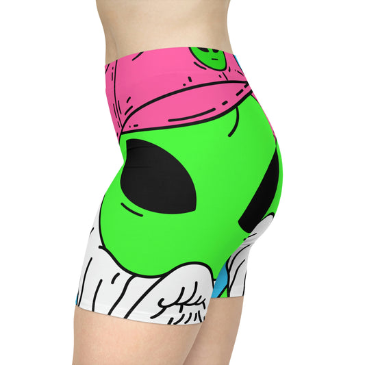 Pantalones cortos de motociclista para mujer con barba, visitante, sombrero rosa, alienígena, dibujos animados (AOP) 