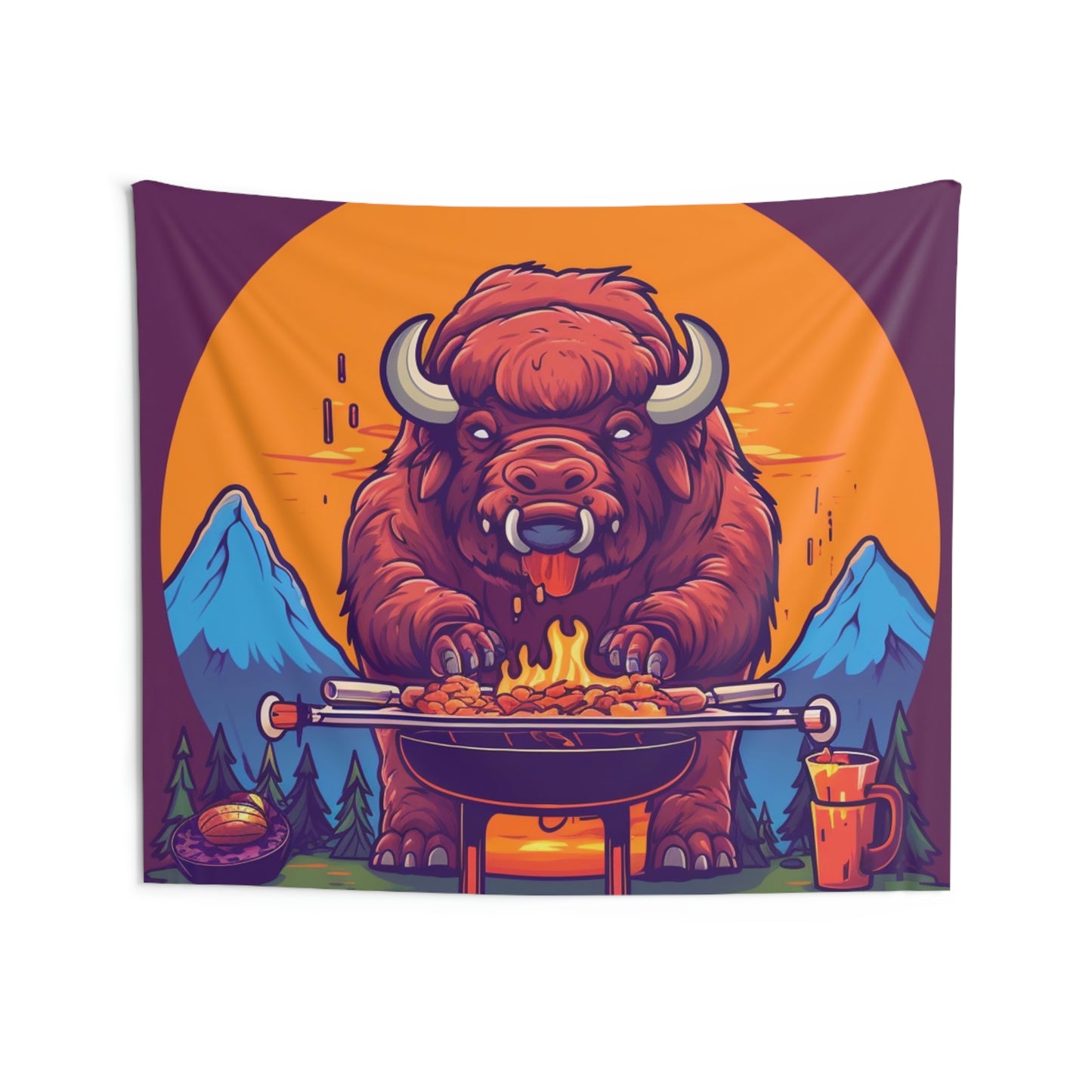 American Bison Grill Cook Food Buffalo Graphic Indoor Wall Tapestries