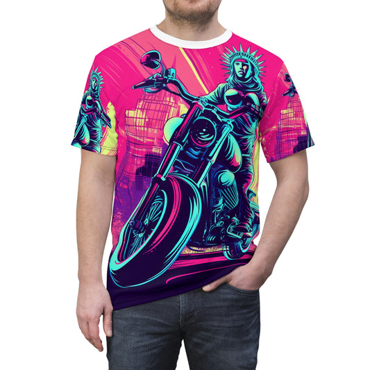 Statue of Liberty Motorcycle Biker USA Style Unisex Cut & Sew Tee (AOP)