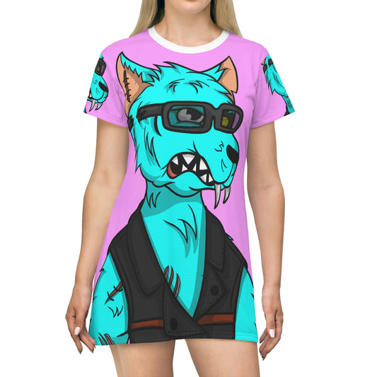 Aqua Water Blue Wolf Cyborg All Over Print T-Shirt Dress