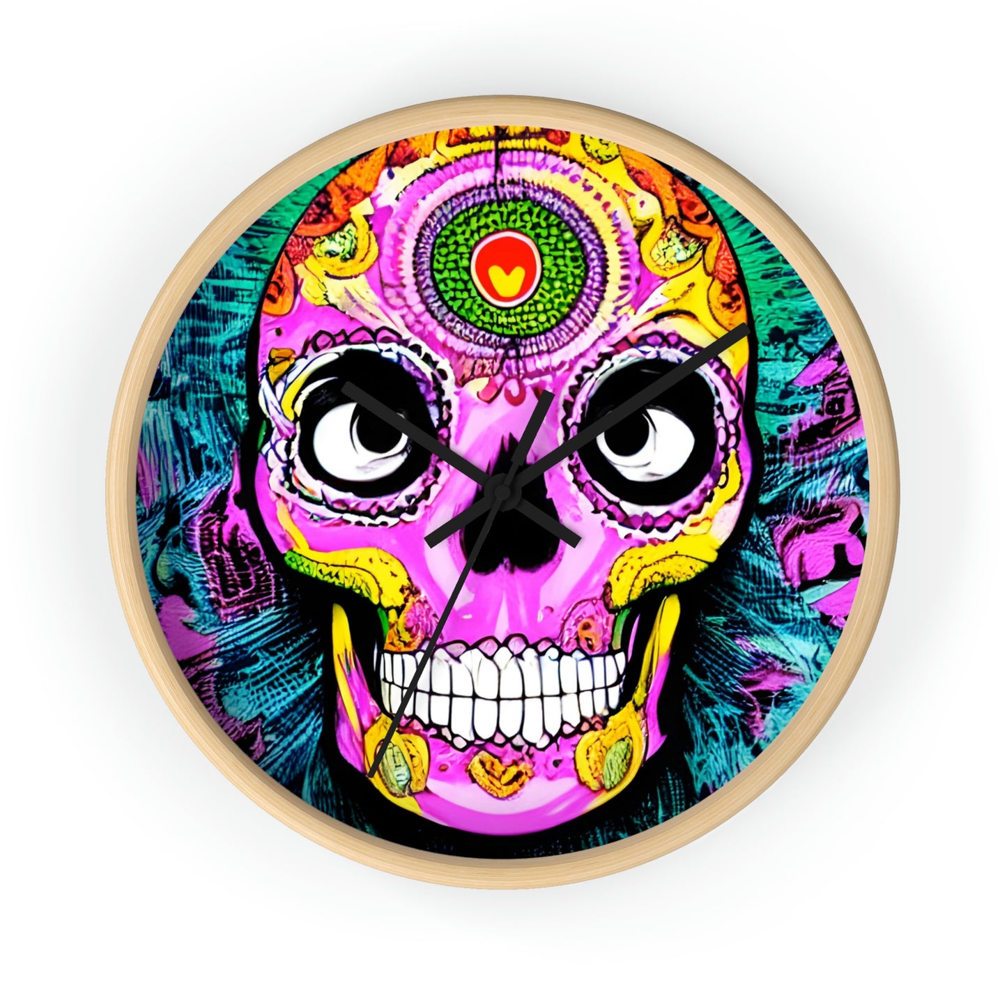 Trippy psychedelic Skull Skeleton Head Face Wall clock