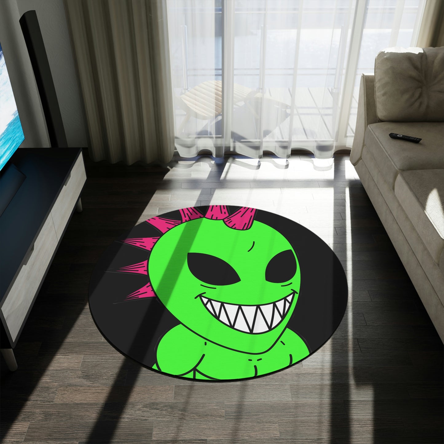 Spiked Pink Hair Muscle Big Smile Green Alien Visitor Round Rug - Visitor751