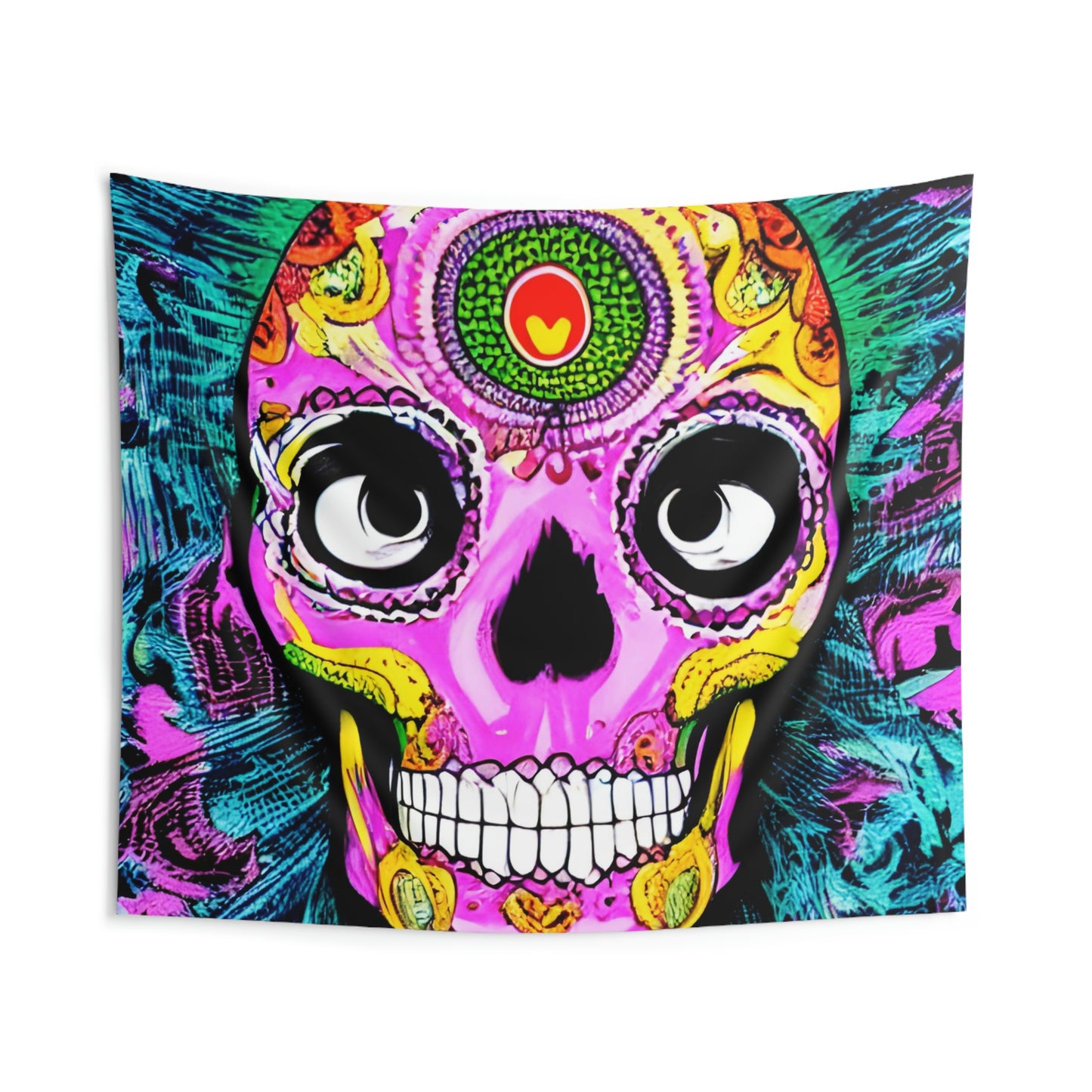 Tela decorativa para pared interior Cara de cabeza de esqueleto de calavera psicodélica trippy 