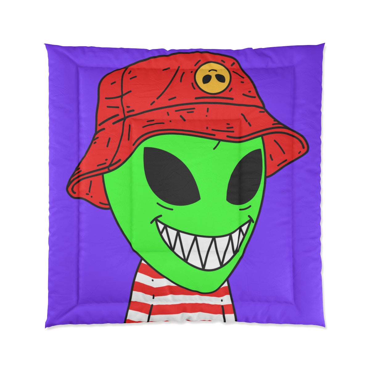 Alien Character Cartoon Red Hat Striped Shirt Big Smile Bed Comforter