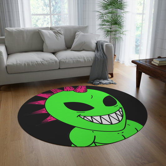 Spiked Pink Hair Muscle Big Smile Green Alien Visitor Round Rug - Visitor751
