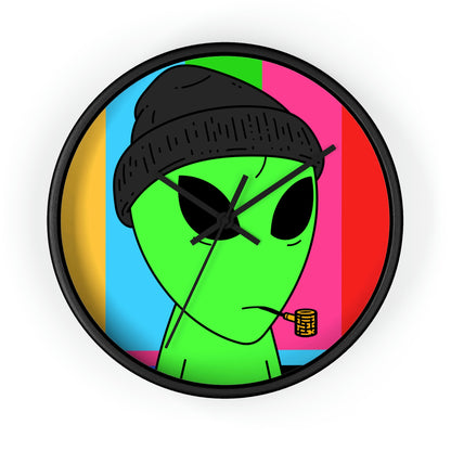 Pipe Smoking Green Alien Black Beanie Wall clock