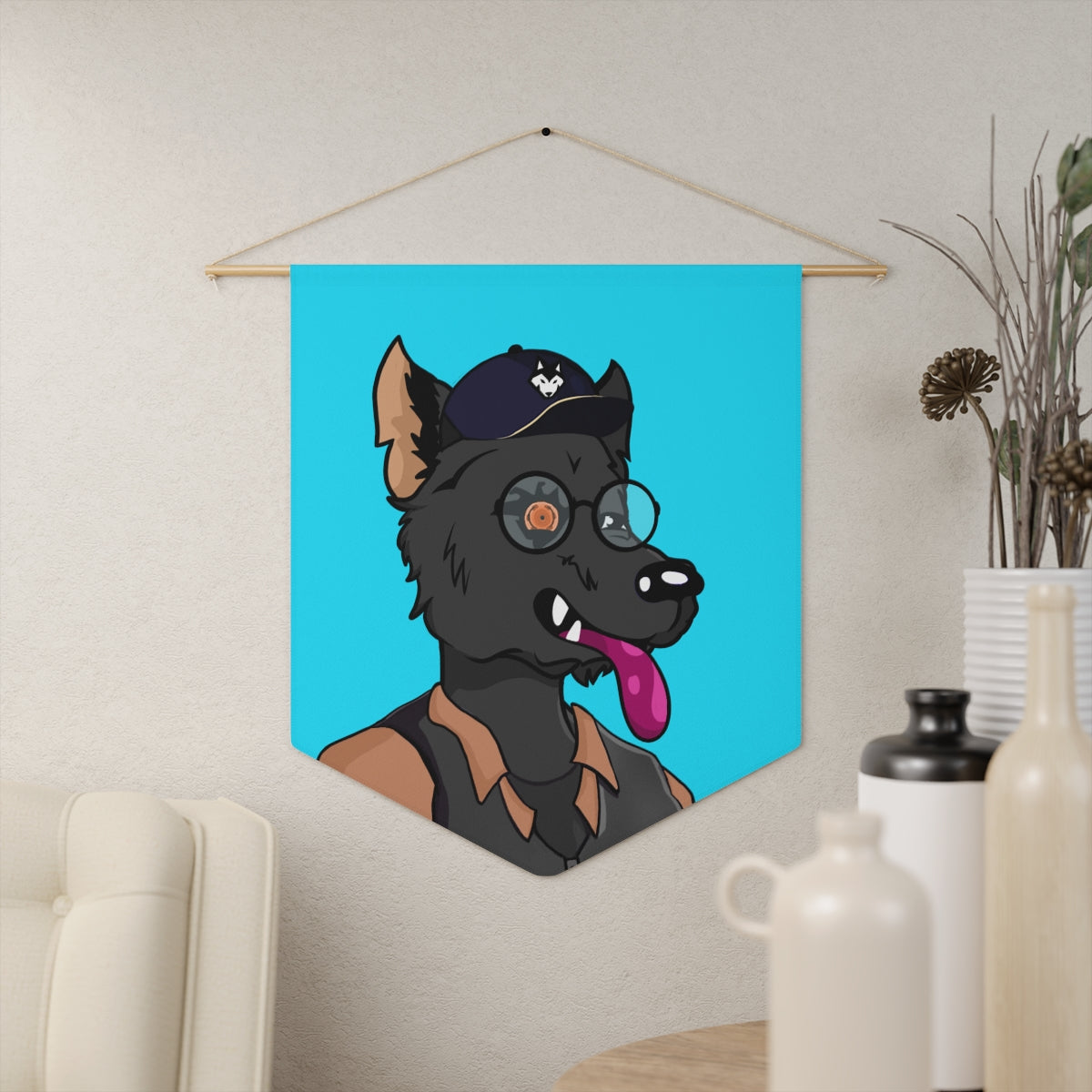 Cyborg Wolf Detective Tongue Out Round Wolve Glasses Pennant