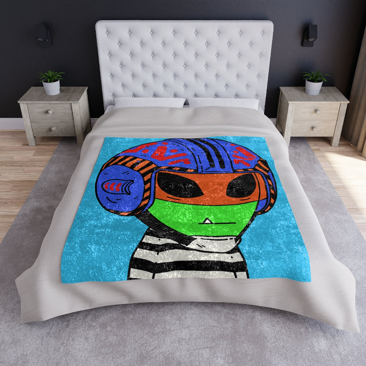 Space Helmet Green Alien Visitor Striped Shirt Crushed Velvet Blanket