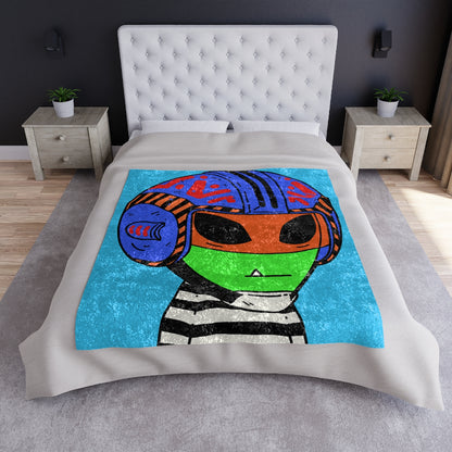 Space Helmet Green Alien Visitor Striped Shirt Crushed Velvet Blanket