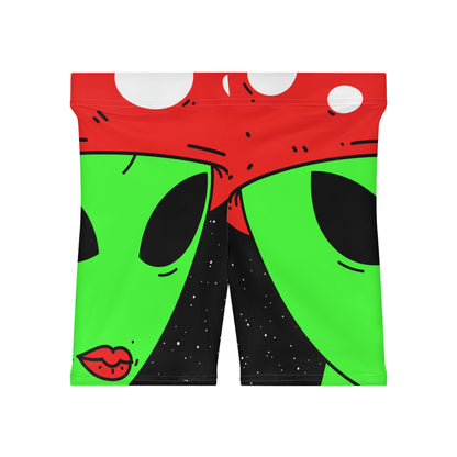 Mushroom Head Green Alien Visitor w/ Red Lips Women's Biker Shorts