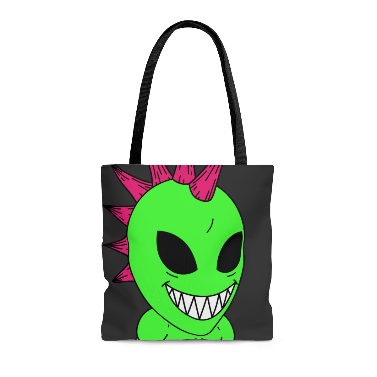 Spiked Pink Hair Muscle Big Smile Green Alien Visitor AOP Tote Bag