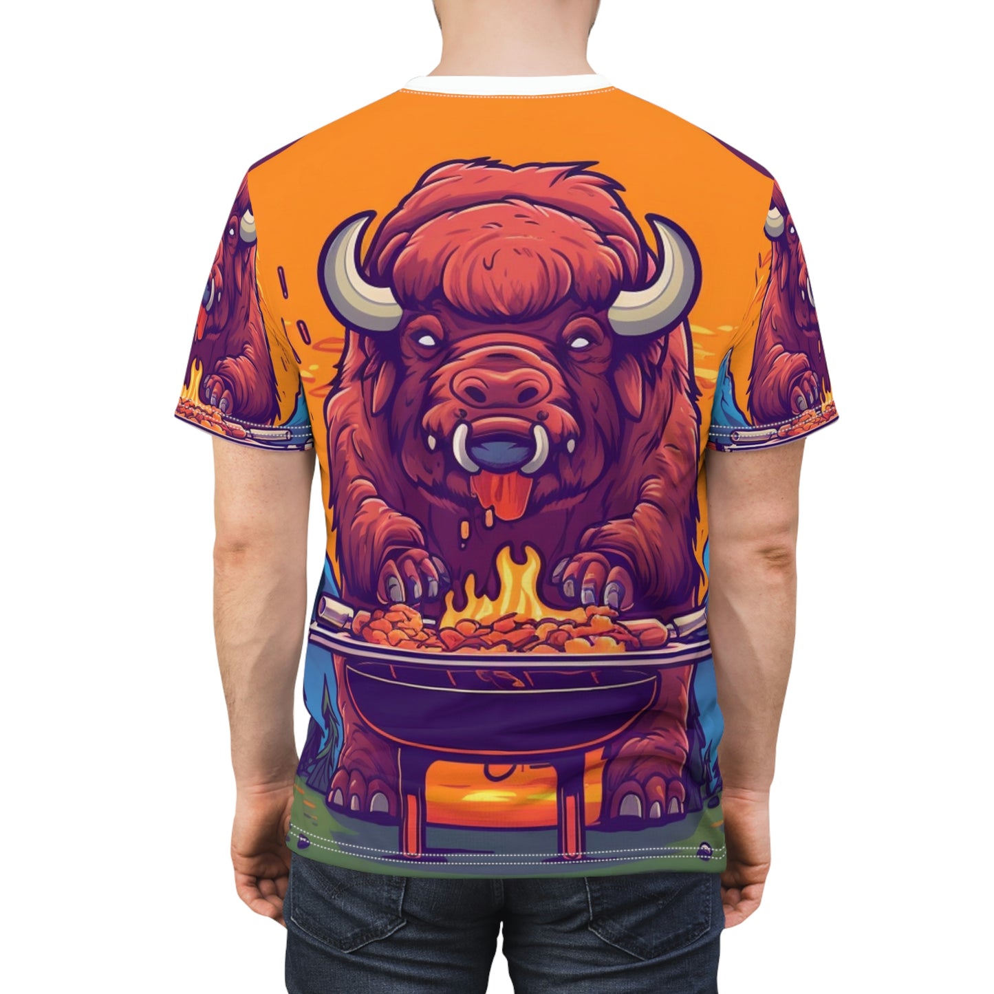 American Bison Grill Cook Food Buffalo Graphic Camiseta unisex cortada y cosida (AOP)