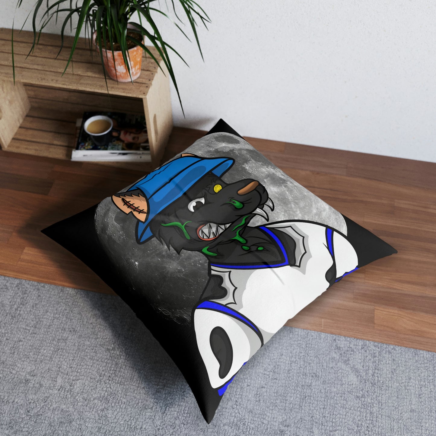 Full Moon Cyborg Werewolve Wolf Tufted Floor Pillow, Square