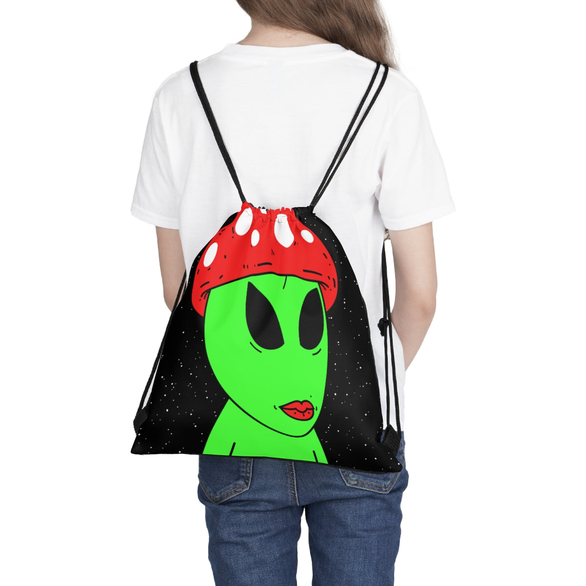 Mushroom Head Green Alien Visitor w/ Red Lips Outdoor Drawstring Bag
