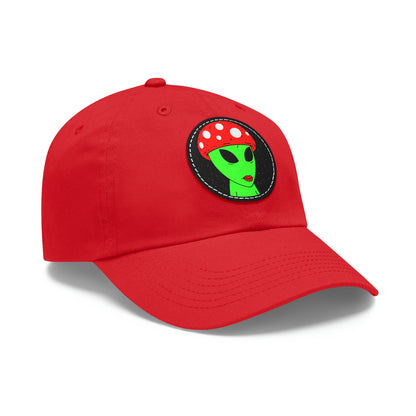 Mushroom Head Green Alien Visitor w/ Red Lips Dad Hat with Leather Patch (Round)