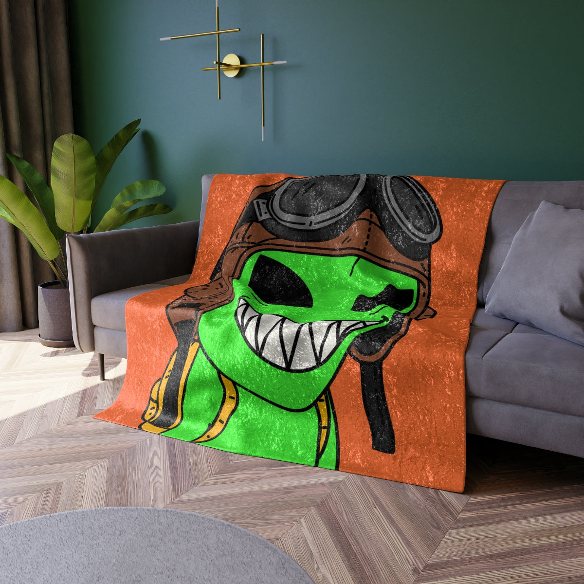 Aviator Flying Cap Green Alien Visitor Big Smile Teeth Yellow Backpack Crushed Velvet Blanket