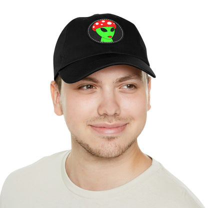 Mushroom Head Green Alien Visitor w/ Red Lips Dad Hat with Leather Patch (Round)